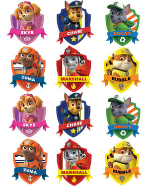 Paw Patrol小狗在他們的救援團隊徽章中，帶有名字和圖標。