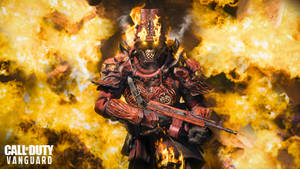 紅色盔甲的武士戰士手持步槍，被火焰包圍。