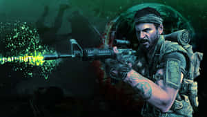 來自《Call of Duty Black Ops》的深綠色戰場場景中，士兵瞄準步槍。