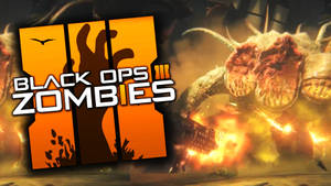 火焰爆炸中的殭屍怪物，旁邊是 Black Ops Zombies 遊戲標誌。 — 戰爭 壁紙