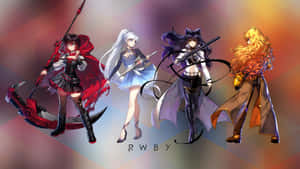 來自RWBY的四個動漫角色以風格化姿勢手持武器。