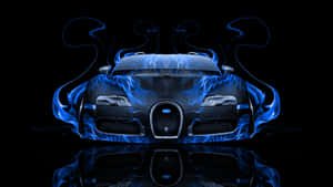 黑色Bugatti汽車，在反光表面上帶有藍色火焰設計。