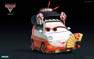 一輛卡通車穿著日本和服，手持帶有櫻花的扇子。