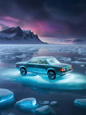 青綠色汽車在紫色極光下漂浮在冰上，後面有雪山