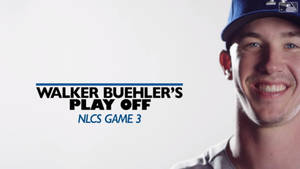 棒球運動員Walker Buehler微笑著，並有季後賽比賽文字疊加。 — 棒球 壁紙