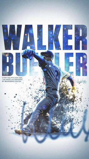棒球投手Walker Buehler動作中，帶有宇宙藍色文字和粒子效果。 — 簡約藍色美學 壁紙