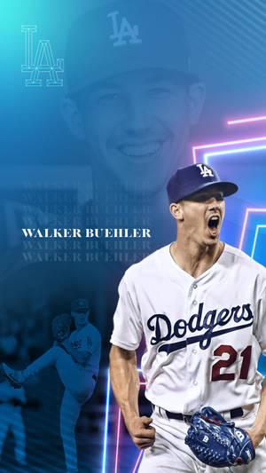 身穿道奇隊球衣的棒球選手Walker Buehler用霓虹燈慶祝。 — 霓虹藍色美學 壁紙