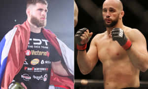 兩名男性MMA拳手，一人披著旗幟，另一人擺出戰鬥姿勢。 — 拳擊 壁紙