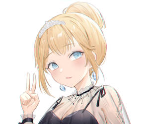 金髮藍眼的動漫女孩比出和平手勢。