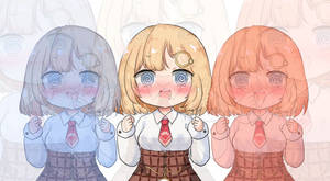 三個穿著校服、螺旋眼、臉頰泛紅的動畫女孩。