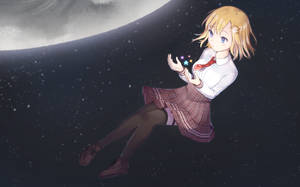 穿著校服的動漫女孩在太空漂浮，在巨大月亮下捧著發光的星星。