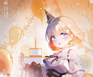 戴派對帽的動畫女孩用蛋糕和氣球慶祝生日。