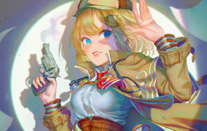 金髮藍眼的動漫女孩，在發光的月亮附近手持左輪手槍並揮手。