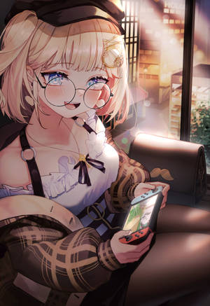 戴眼鏡的動畫女孩在日落時分在室內玩手提遊戲機。