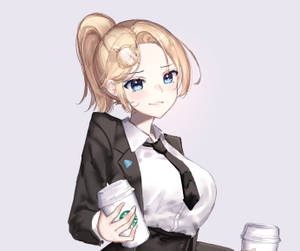 穿著商務服裝的動漫女孩，面帶溫柔微笑，拿著星巴克咖啡杯。