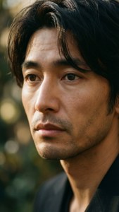 深色頭髮、表情嚴肅的男士特寫，戶外。