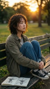 年輕女性在日落時分坐在公園長椅上，帶著素描本
