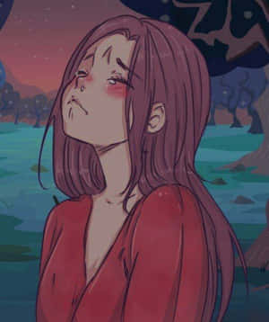 泛紅臉頰的動漫女孩仰望有水和樹木的黃昏天空