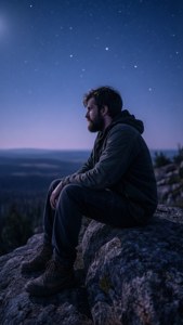 男人晚上坐在懸崖上觀看森林山谷上空的星星