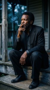 一個身穿深色西裝的男人坐在木質門廊台階上抽煙。