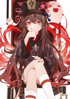 紅髮戴櫻花帽的動漫女孩俏皮地微笑。