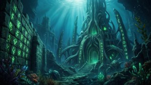 沐浴在陽光中的古老水下神廟，帶有發光的符文和珊瑚生長。 — 洛夫克拉夫特 壁紙
