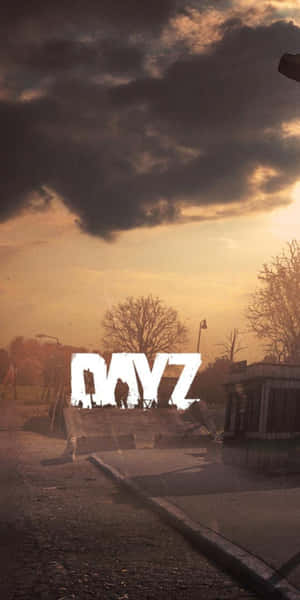 剪影人物站在粗體白色文字DAYZ前，背景是戲劇性的日落天空。