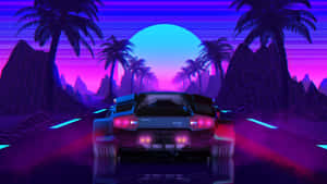 復古未來汽車在霓虹路上，有棕櫚樹和發光太陽