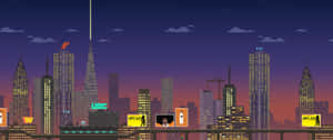 夜晚，在星空下，像素化的城市景觀，發光的建築物和街機標誌。