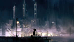 夜晚雨中城市碼頭上撐傘的人的剪影。