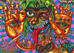 超現實迷幻藝術，帶有色彩繽紛怪誕的手、眼睛和面孔。
