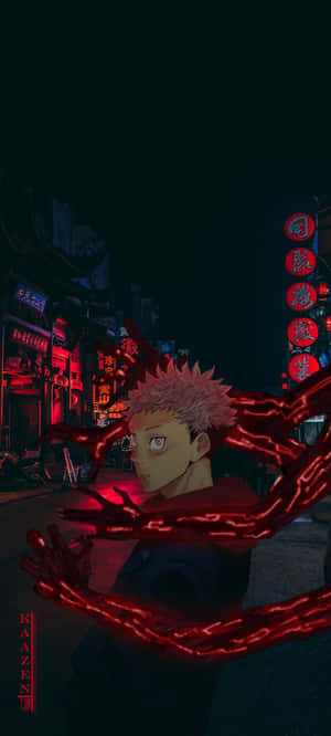 在霓虹燈照亮的日本夜街上，帶有紅色鎖鏈的動畫角色。 — Moto E14 壁紙