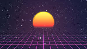 在星空數碼天空中，發光網格上的復古未來主義日落。