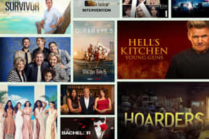 來自 Survivor、Queer Eye、Hell's Kitchen、The Bachelor 和 Hoarders 的演員陣容的真人秀電視節目海報。