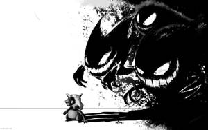 細小卡通生物對抗一個帶有發光眼睛嘅巨大陰影怪物。 — 黑白動漫 壁紙