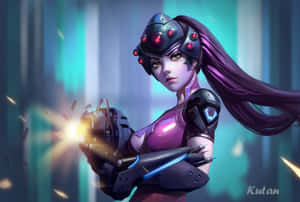 賽博龐克戰士在霓虹小巷中發射發光武器。 — 鬥陣特攻 GIF 壁紙