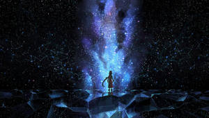 一個人的剪影站在星形平台上，下方是宇宙星爆。