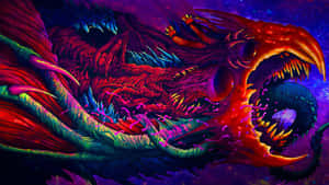 一隻擁有尖銳牙齒的發光霓虹龍，在繁星點點的宇宙空間中咆哮。 — Steam Deck 壁紙