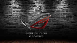 Republic of Gamers標誌在磚牆和木地板上