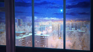從窗戶看到的雪夜城市景觀，有滿月和飄落的雪。