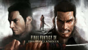 來自《Final Fantasy XV 格拉迪歐藍斯之章》的兩位兇猛動漫風格戰士，一位咆哮，一位嚴肅，遠處霧中還有一位戰士。 — 最終幻想 壁紙