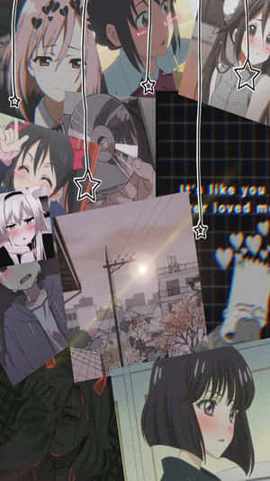 帶有星星串和城市街景照片的動漫少女拼貼畫。 — 可愛動漫頭像gif 壁紙