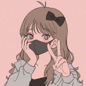 動漫女孩，棕色頭髮，黑色蝴蝶結，戴著口罩，做出和平手勢。