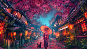 撐傘帶貓的人，在夜晚發光的日本街道上，走在櫻花下。 — 可愛動漫頭像gif 壁紙