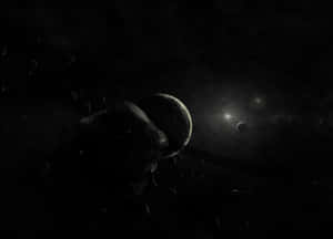 一顆巨大的小行星漂浮在深空，靠近遙遠的行星和一顆明亮的恆星。