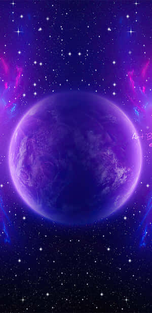 深空中被星星和彩色星雲環繞的紫色行星。