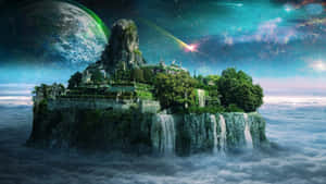 宇宙天空下雲層之上的浮島，有城堡和瀑布 — 奇幻 壁紙
