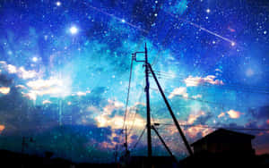 在充滿活力的星空下，電線和屋頂伴隨著流星。 — 天空美學 壁紙