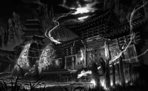 暴風雨夜晚閃電交加的動漫神社。