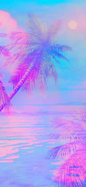 粉彩天空下，海邊的霓虹粉紅和藍色棕櫚樹。
